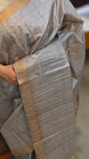 Clay grey checked tussar silk saree