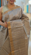 Clay grey checked tussar silk saree