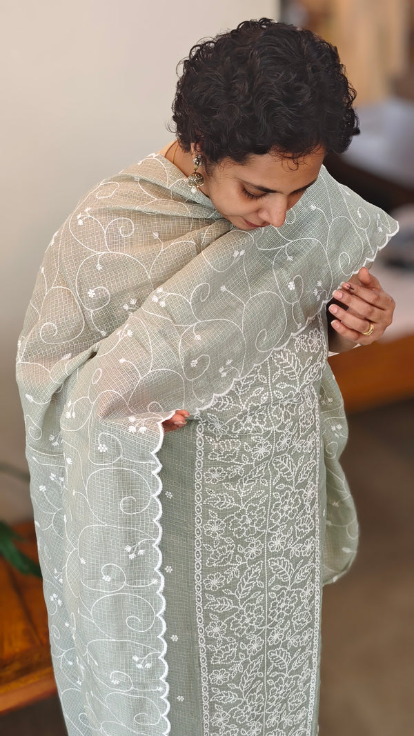 Sage Green Embroidered net kota suit - QA72
