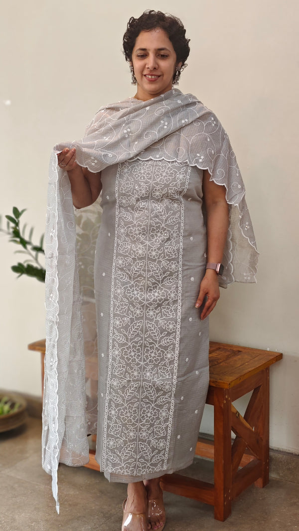 Smoky grey embroidered net kota suit - QA72