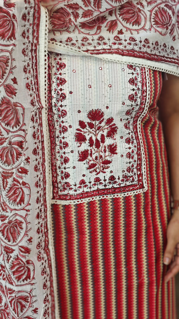 Off white and Maroon cotton suit