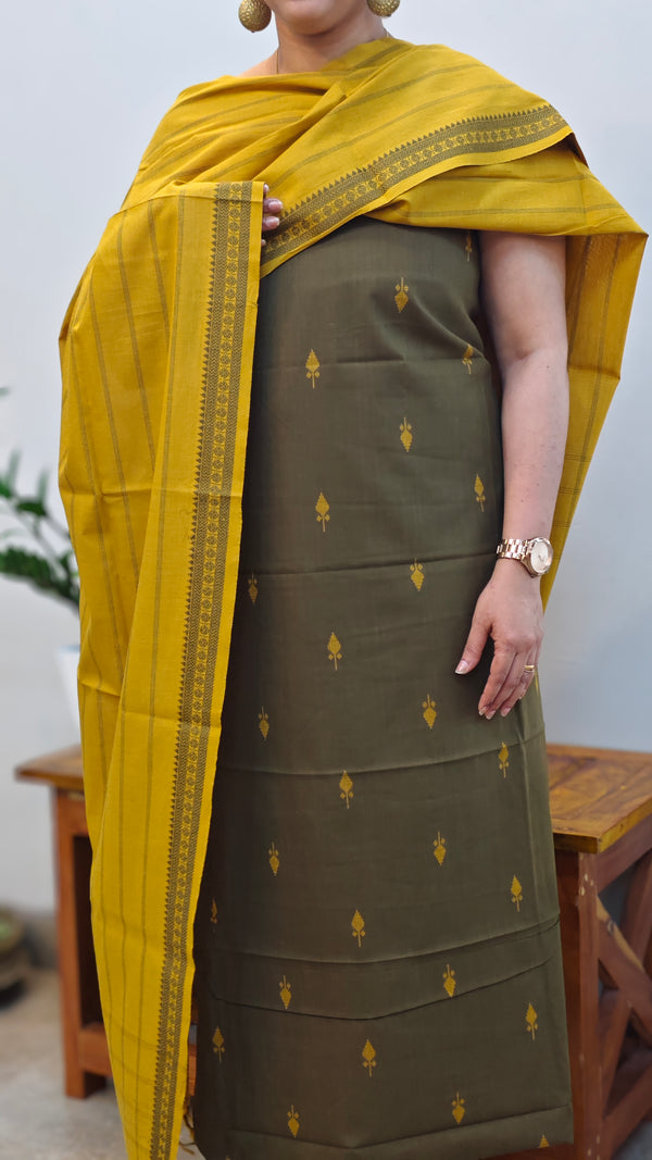 Dark green and mustard handloom cotton suit