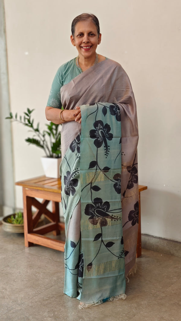 Grey and Teal Painted Moonga Tussar silk Saree - VE39