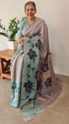Grey and Teal Painted Moonga Tussar silk Saree - VE39