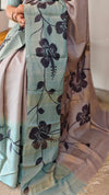 Grey and Teal Painted Moonga Tussar silk Saree - VE39