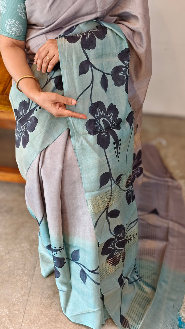 Grey and Teal Painted Moonga Tussar silk Saree - VE39