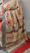 Brick red and Cream Hand Painted Moonga Tussar silk saree - VE39
