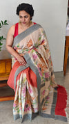 Brick red and Cream Hand Painted Moonga Tussar silk saree - VE39