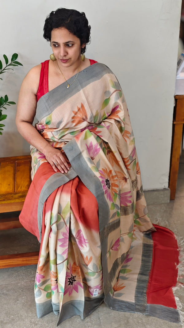 Brick red and Cream Hand Painted Moonga Tussar silk saree - VE39