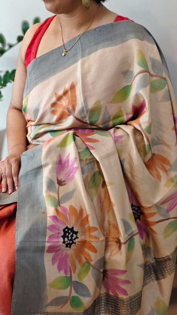 Brick red and Cream Hand Painted Moonga Tussar silk saree - VE39