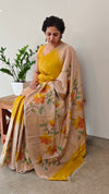Mustard and Cream Hand painted Moonga Tussar silk saree - VE39