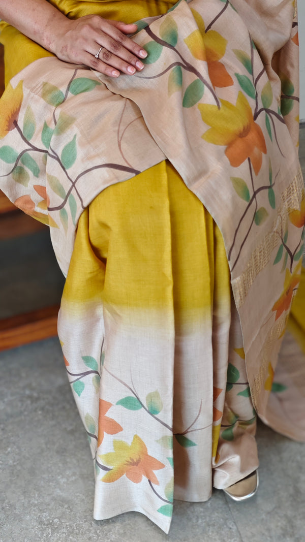 Mustard and Cream Hand painted Moonga Tussar silk saree - VE39