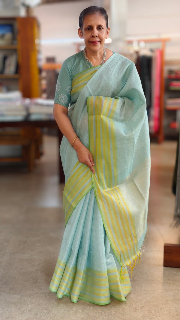 Light teal green Linen silk saree - DR42