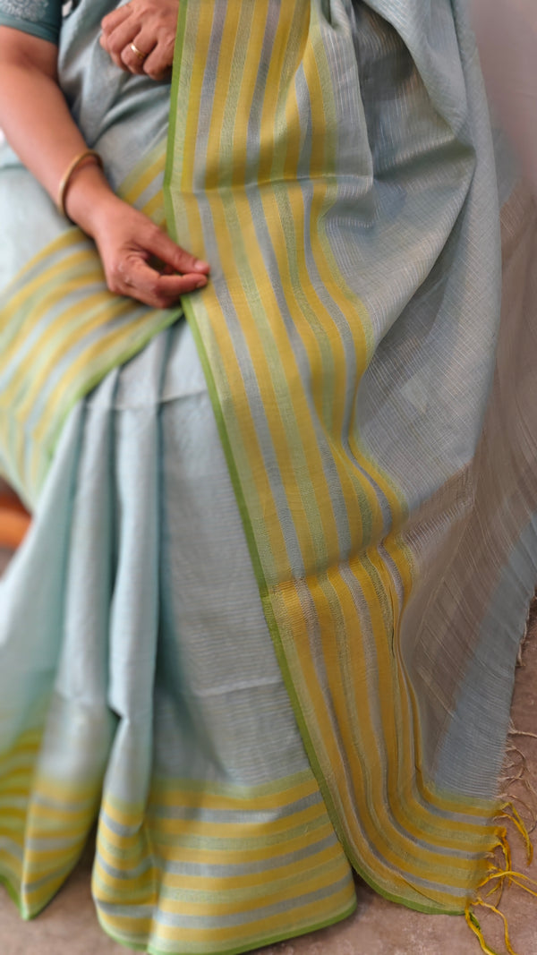 Light teal green Linen silk saree - DR42