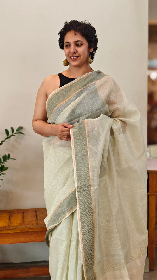 Light Pista green linen silk saree -DR42