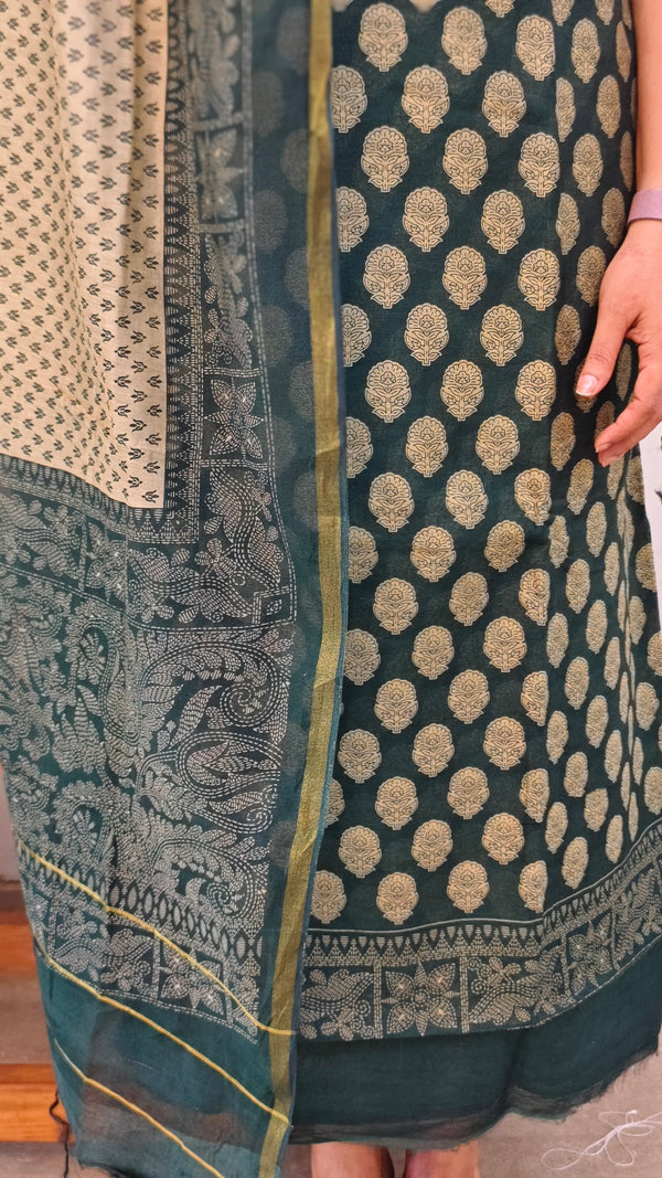 Green and Beige chanderi suit