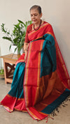 Peacock Green and Dark Red Raw Silk Saree - SRW6