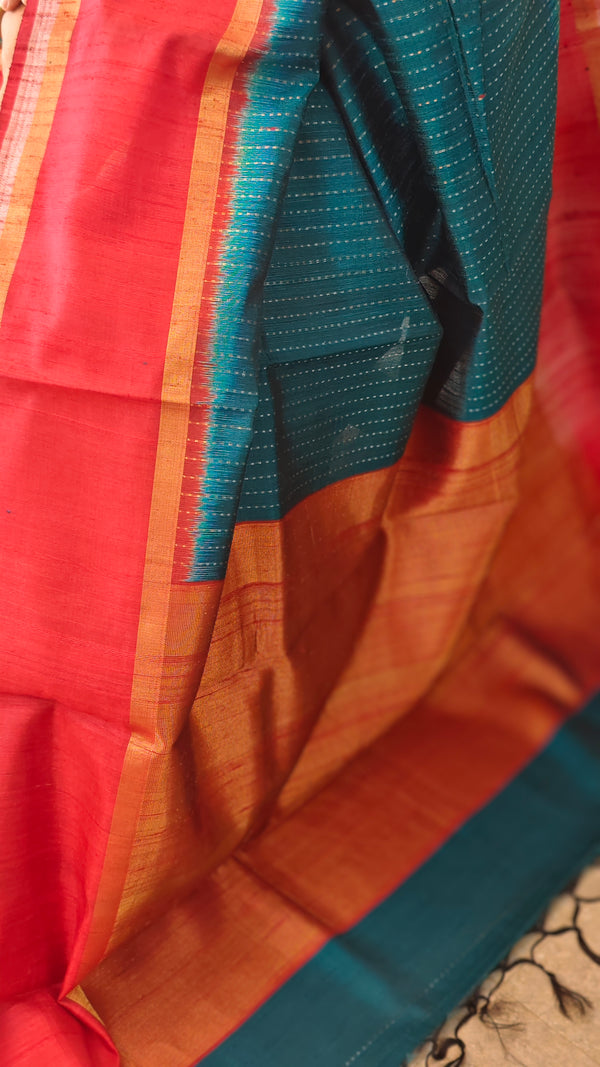 Peacock Green and Dark Red Raw Silk Saree - SRW6