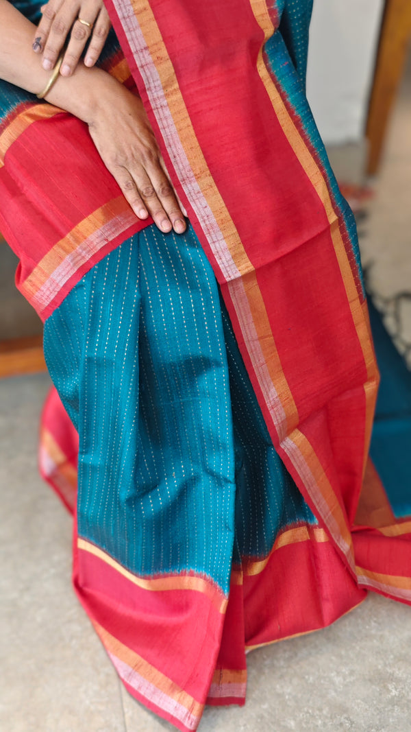 Peacock Green and Dark Red Raw Silk Saree - SRW6