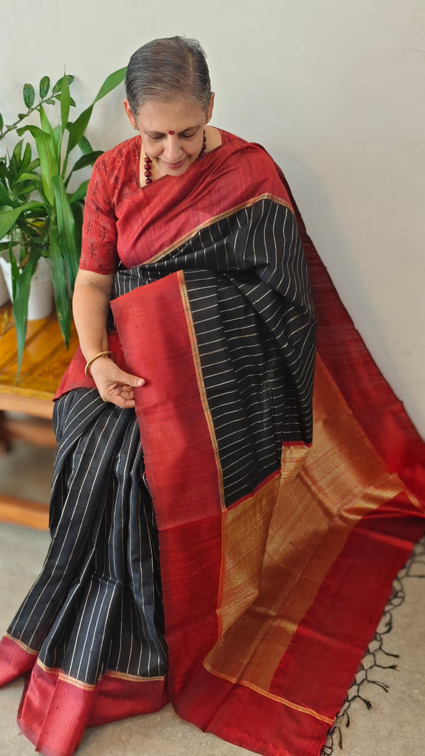 Black and maroon zari woven raw silk saree - SRW6