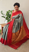 Slate Grey and red zari woven raw silk saree - SRW6