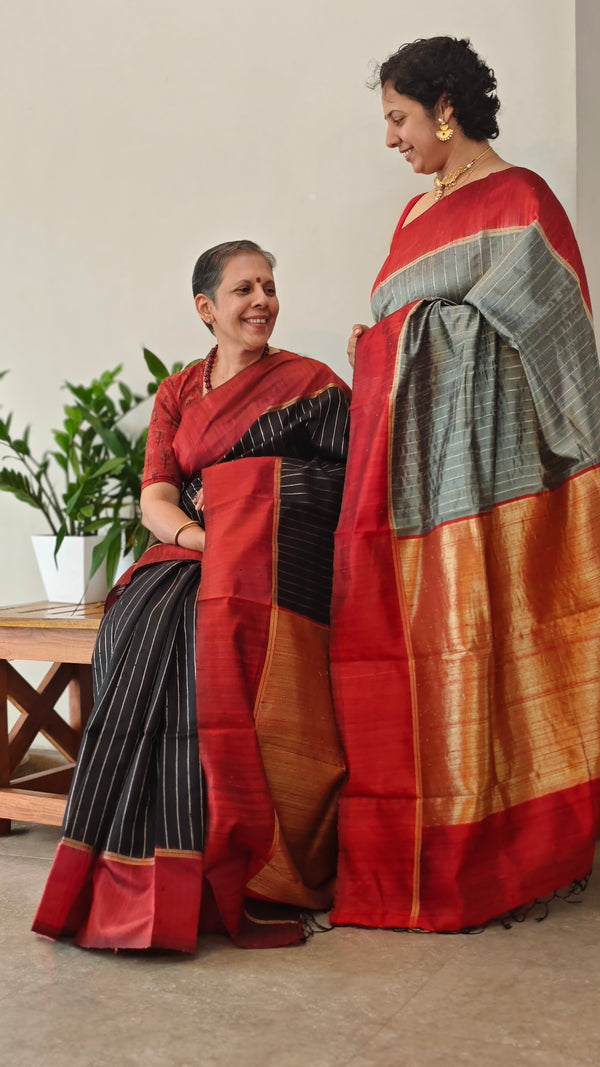 Slate Grey and red zari woven raw silk saree - SRW6