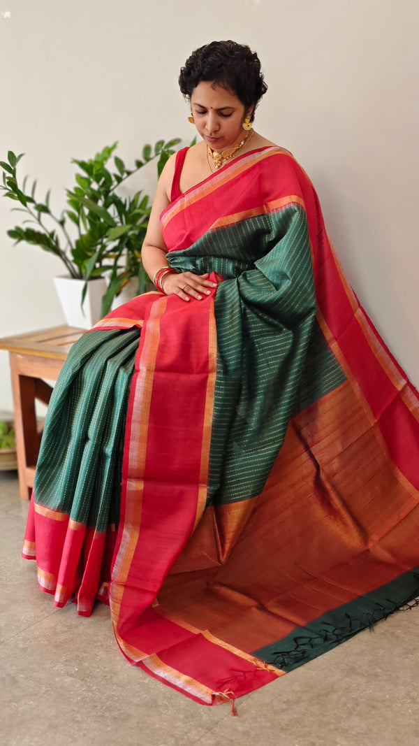Emerald Green and Red zari woven Raw silk saree - SRW6