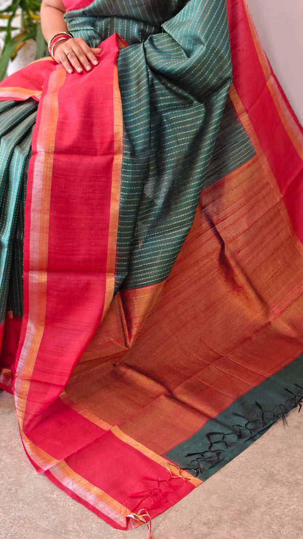 Emerald Green and Red zari woven Raw silk saree - SRW6