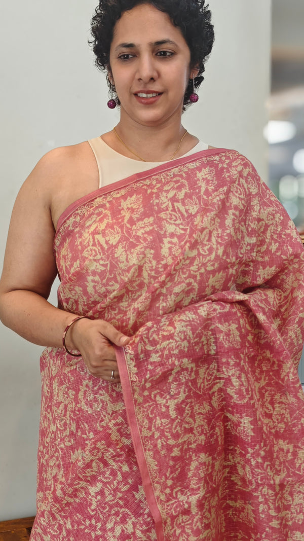 Peach Printed Silky kota saree with Pita work - D229