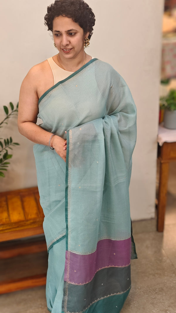 Teal Blue Silky kota saree with hand pita embroidery - D229
