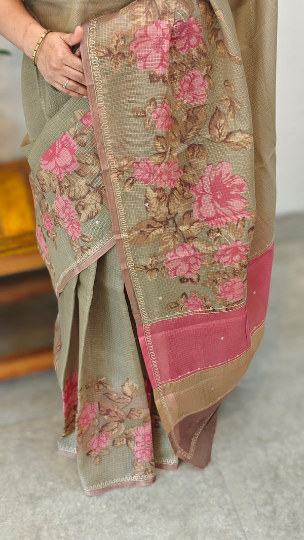 Olive green printed Silky kota saree with hand pita embroidery - D229
