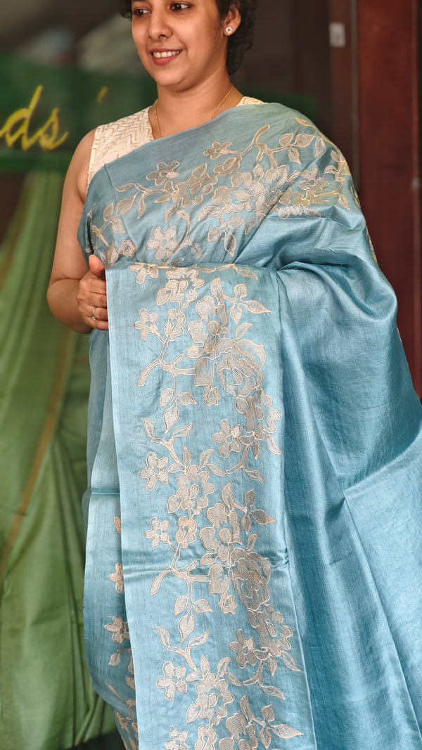 Powder blue Embroidered Tussar silk saree - GF3A