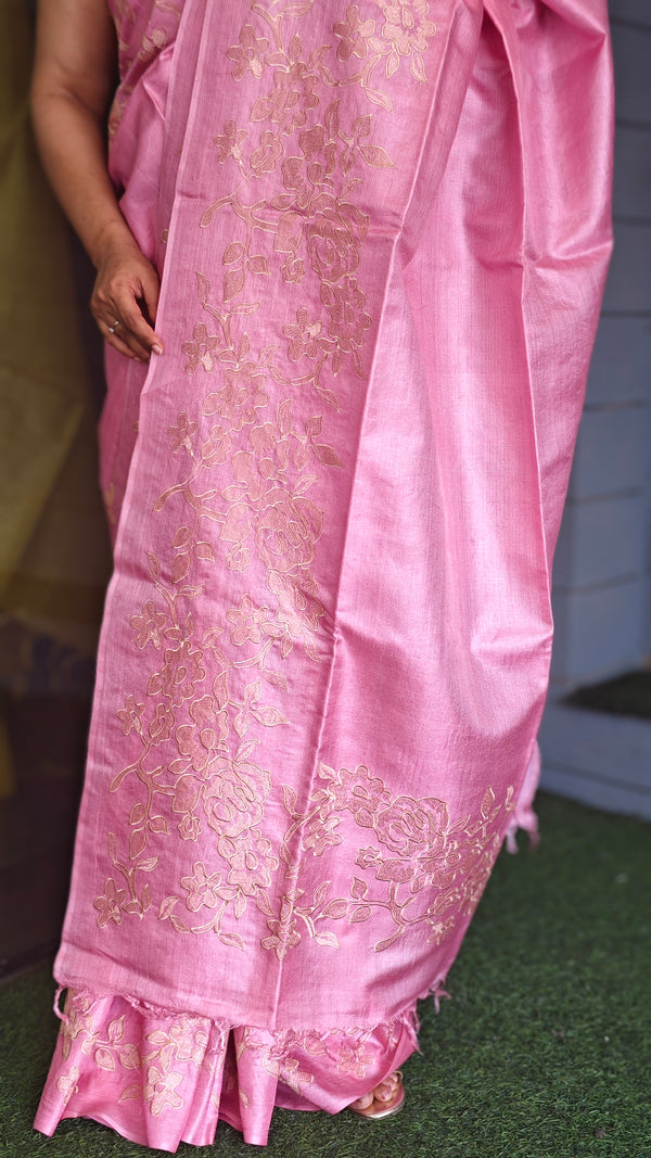 Pink Embroidered Tussar Silk Saree - GF3A