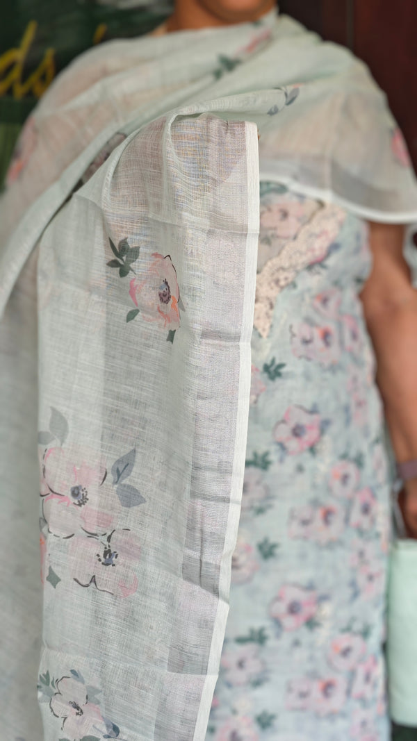 Sea Green Green Floral Printed Linen Cotton Suit - JR39
