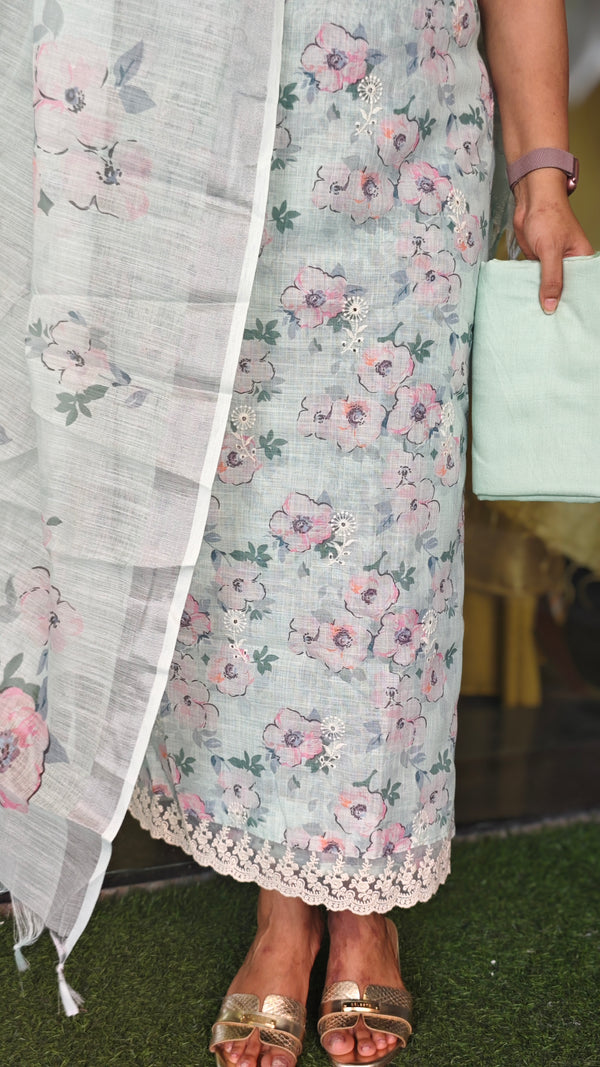 Sea Green Green Floral Printed Linen Cotton Suit - JR39