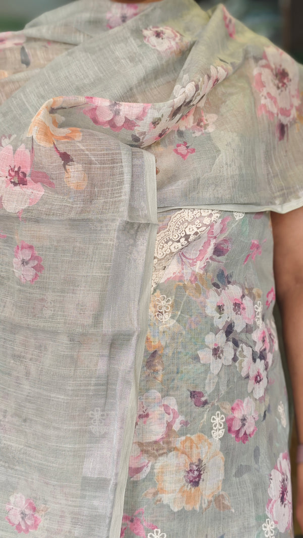 Sage Green Floral Printed Linen Cotton Suit - JR39