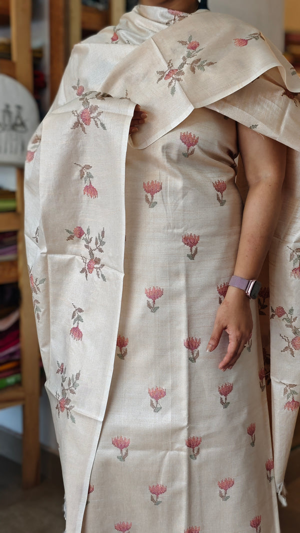 Beige Semi Tussar Cross Stitch Embroidered Suit - MTV6 PP