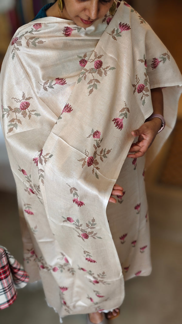 Beige Semi Tussar Cross Stitch Embroidered Suit - MTV6 RP