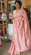 Flamingo Pink Linen Chanderi Jamdani Saree - JD542