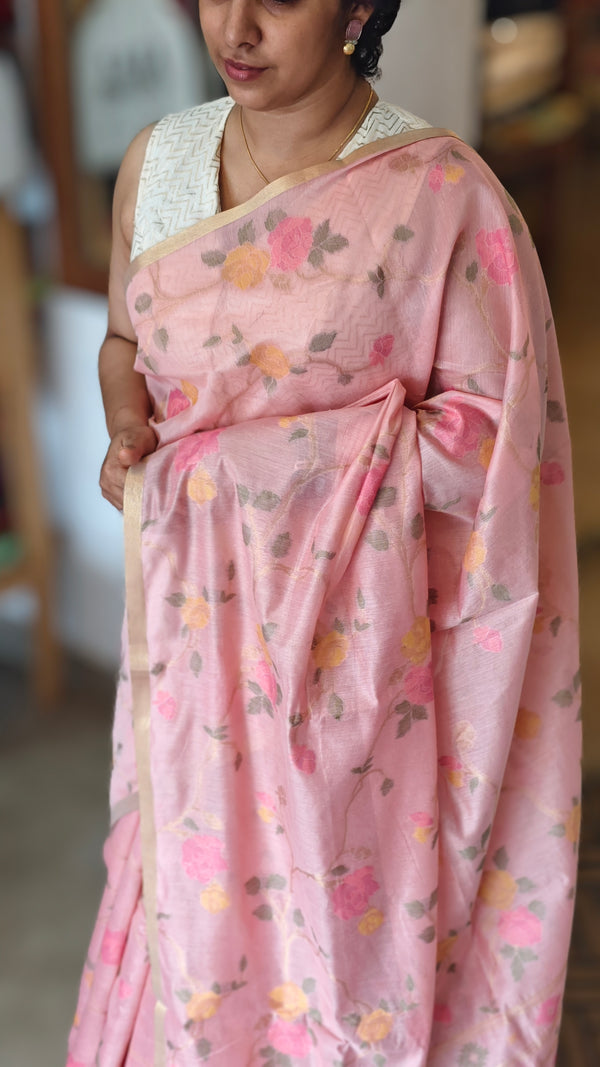 Flamingo Pink Linen Chanderi Jamdani Saree - JD542