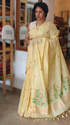 Canary Yellow Linen Chanderi Jamdani Saree - JD542 - B