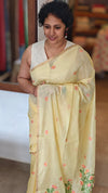Canary Yellow Linen Chanderi Jamdani Saree - JD542 - B