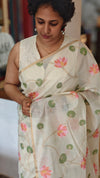 Cream Linen Chanderi Jamdani Saree - JD542