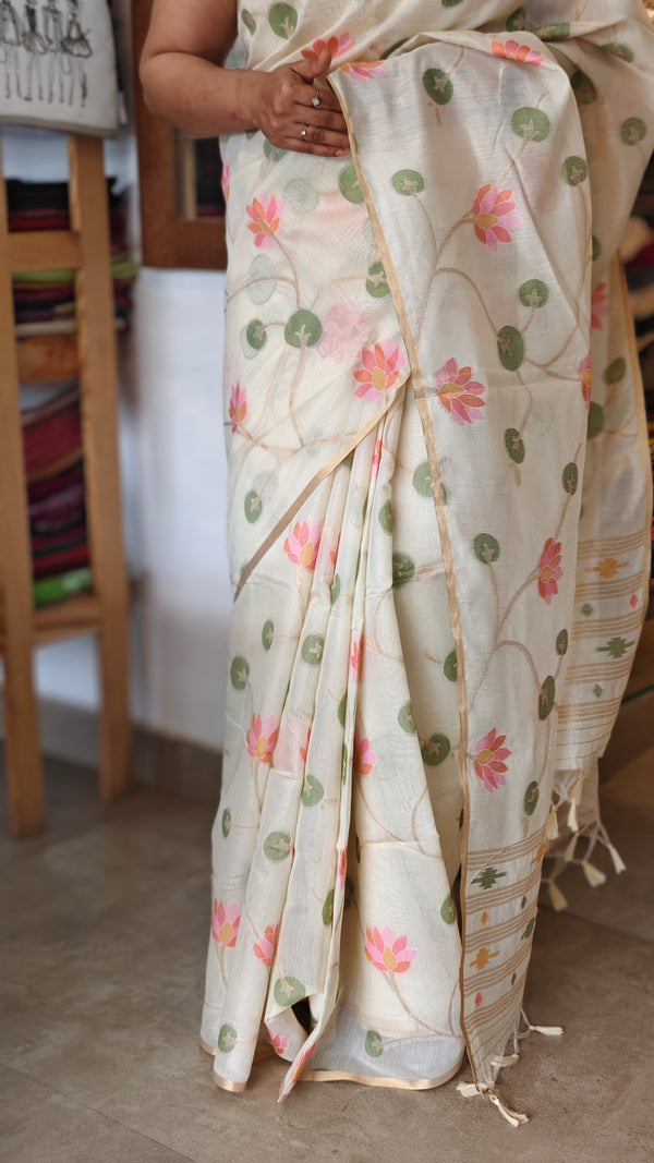 Cream Linen Chanderi Jamdani Saree - JD542