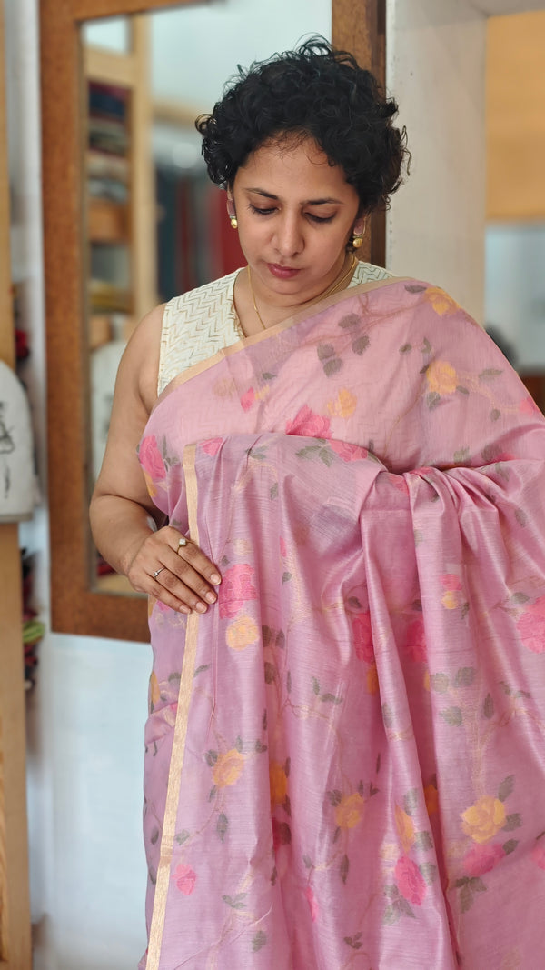 Lilac Linen Chanderi Jamdani Saree - JD542