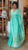 Teal Green Linen Chanderi Jamdani Saree - JD542 - B