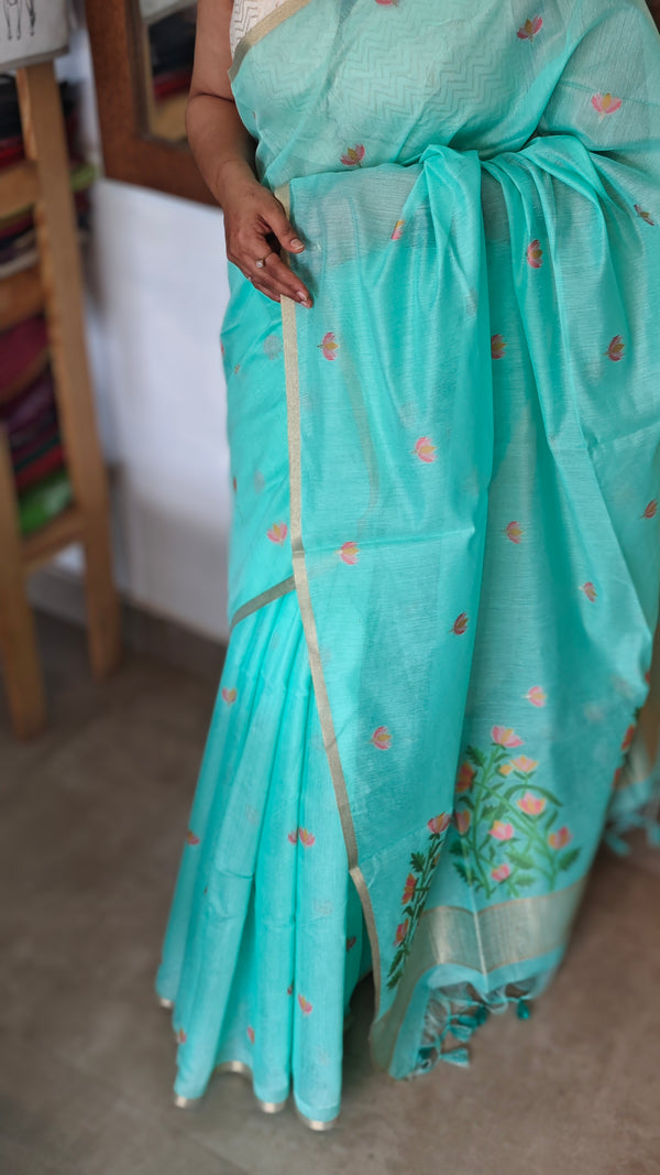 Teal Green Linen Chanderi Jamdani Saree - JD542 - B