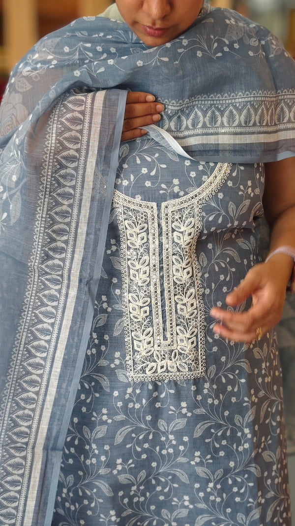 Blue printed linen cotton suit - 665
