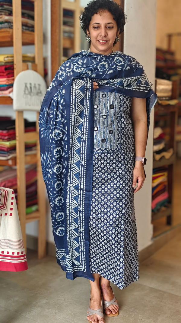 Navy blue printed cotton suit