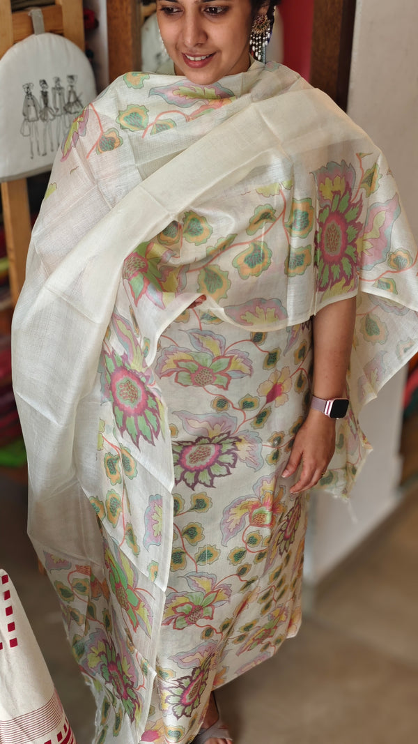 Cream Printed Pure Tussar Silk Suit